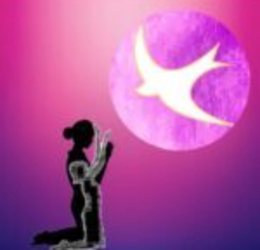 White dove descending from Heaven above two women on their knees praying.