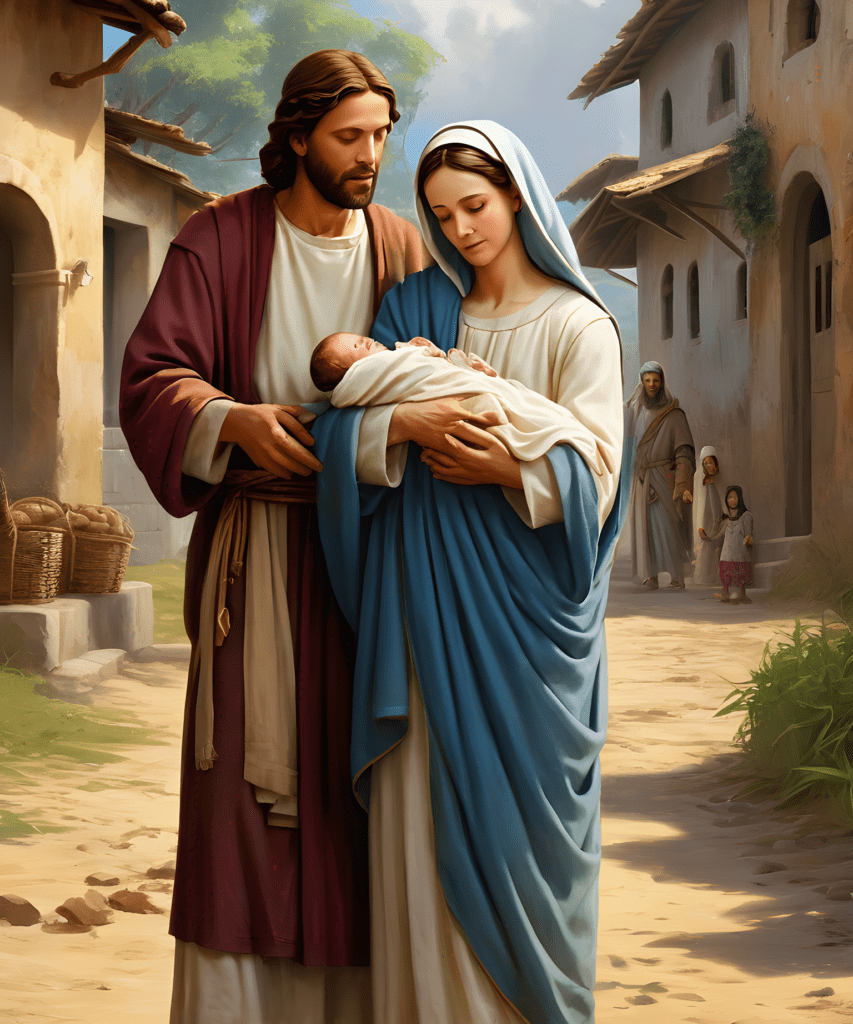 Joseph and Mary holding the infant Jesus on the streets of Bethlehem