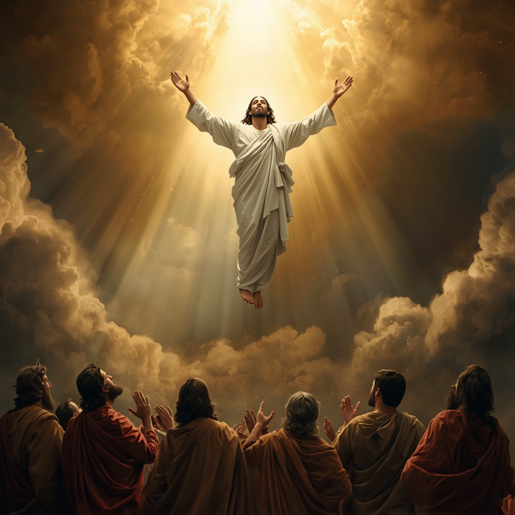 Jesus being carried up to Heaven on the clouds as the Apostles look up in awe.