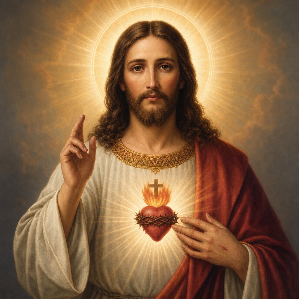 The Most Sacred Heart of Jesus with a cross, flames, and thorns signifying Jesus crucifixon and resurrection.